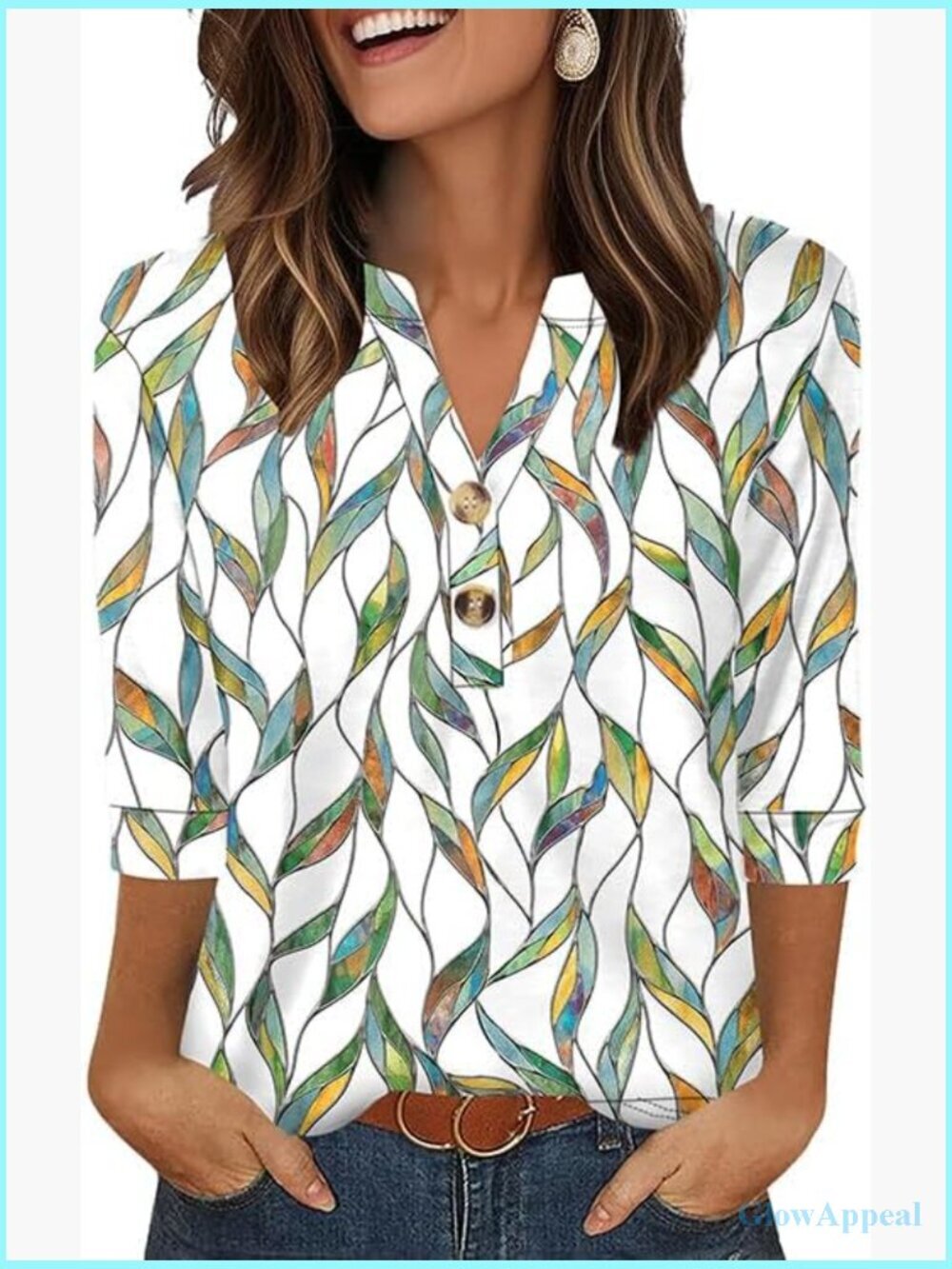 3/4 Sleeve V-Neck Henley Blouse with Pockets Loose Fit